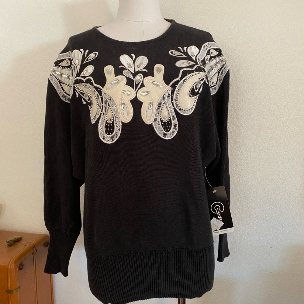 Vintage Deadstock New Black Crewneck sweater lace rhinestone appliqué 1980s